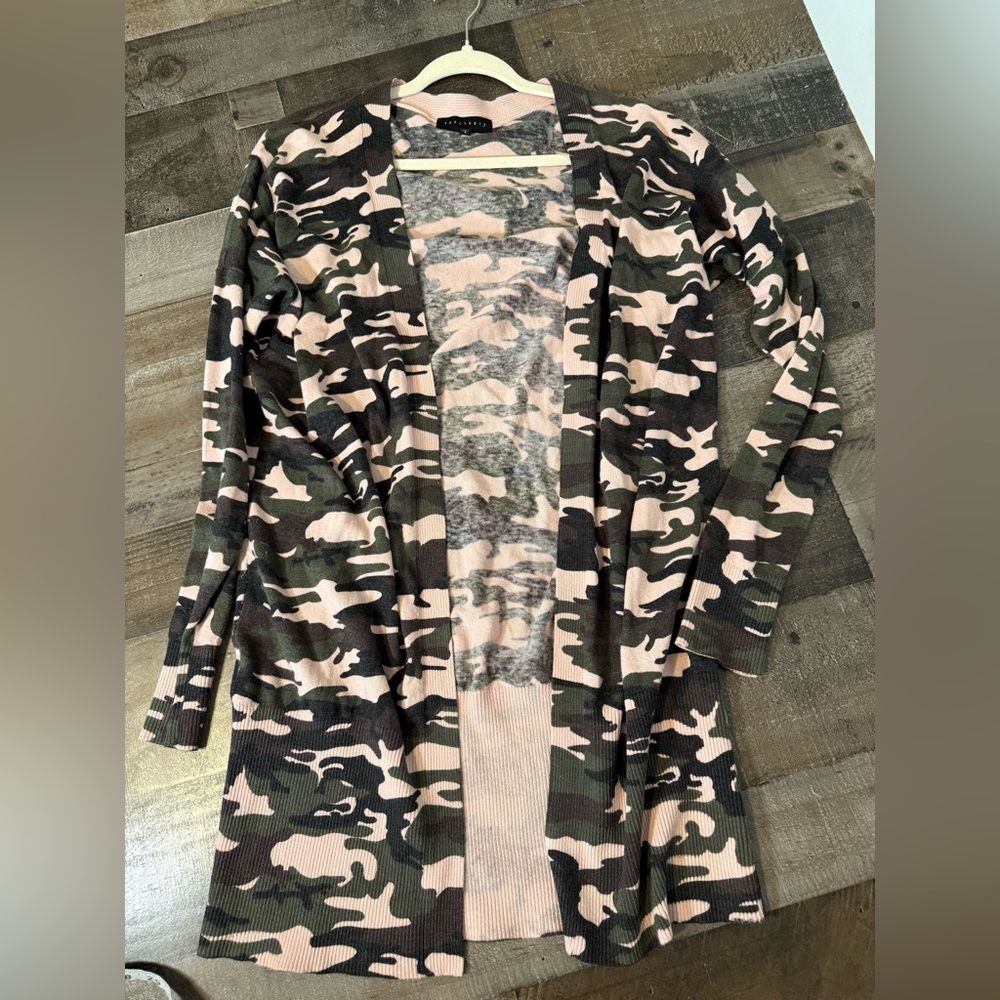 Sanctuary Pink & Green Camo Open‎ Front Long Cardigan Sweater Size S